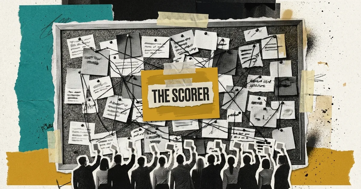 Torn paper collage of a huge cork notice board covered in hundreds of pinned notes with string running between them, a crowd of small silhouetted figures facing it, and one mustard card labelled The Scorer at the centre.