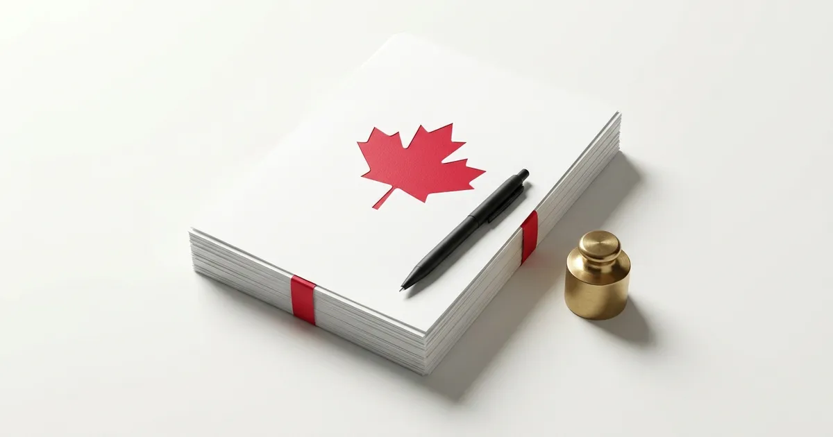 A stack of blank white legal documents bound with a red ribbon on a bright desk, a black pen across them and a red maple leaf embossed on the top sheet.