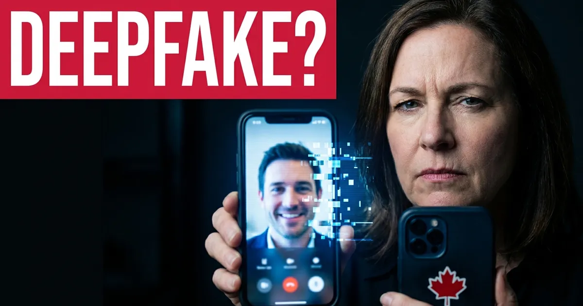 A woman looks doubtfully at a smartphone video call in which the caller's face is breaking into digital blocks, a red maple leaf on her phone case, under the words DEEPFAKE?