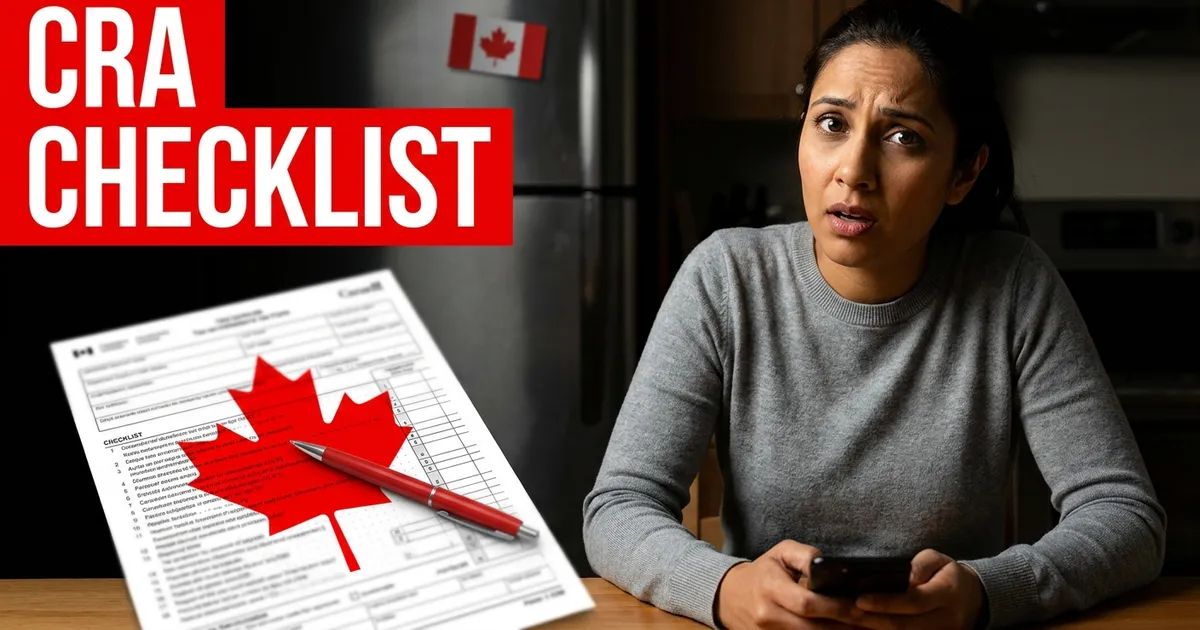 A woman at a kitchen table looks up from her phone with a worried, questioning expression beside a tax form stamped with a red maple leaf, under the words CRA CHECKLIST.