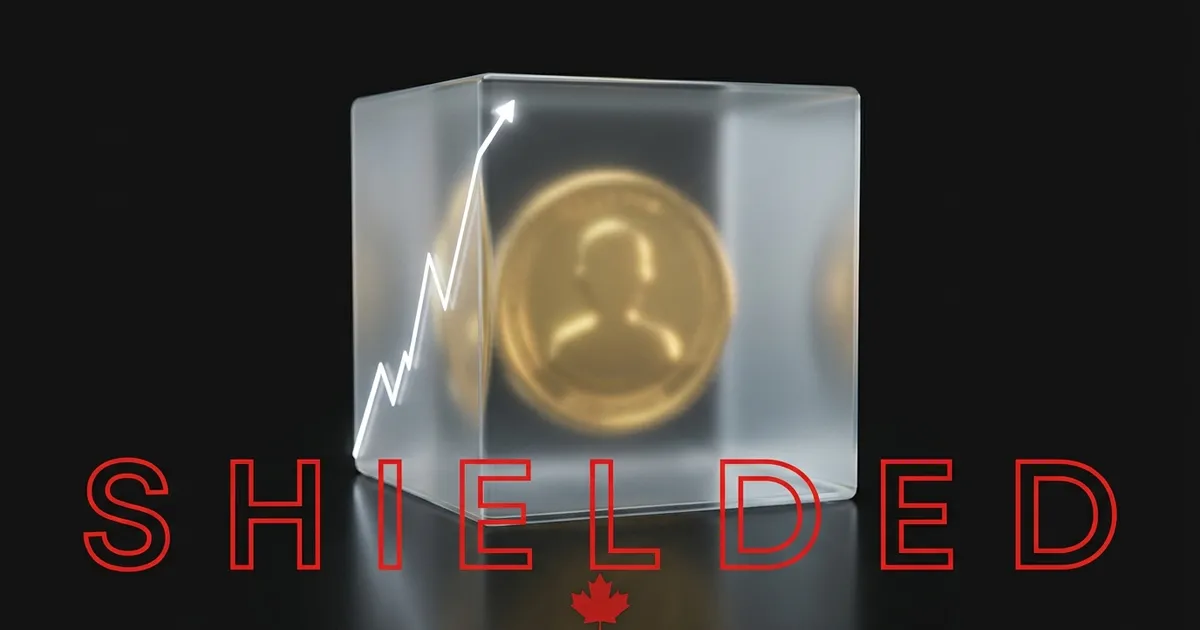 A plain gold coin glows behind a cube of frosted glass while a thin line of light climbs its side like a price chart, above the word SHIELDED drawn in red outline.
