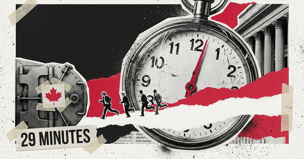 A large chrome stopwatch on a black ground, its single red hand a few minutes past twelve, with the words 29 MINUTES in a red band along the bottom edge.