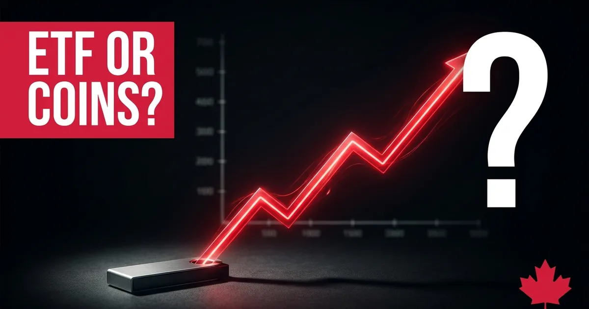 A dark chart panel with a rising red line, a red maple leaf and the words ETF OR COINS? in white block letters, for a comparison of bitcoin ETFs in Canada.