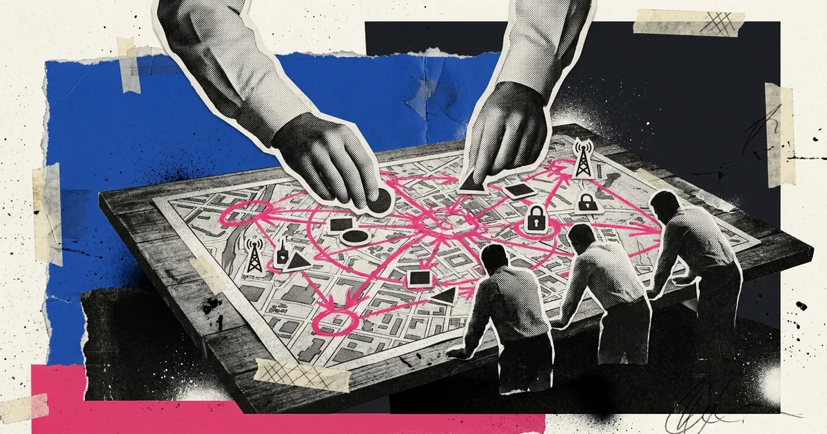 A torn paper collage of a large war-room planning table seen from above, a city map on its surface marked with glowing network nodes and connection lines, hands reaching in to move game pieces, and analysts standing around the edge in silhouette.