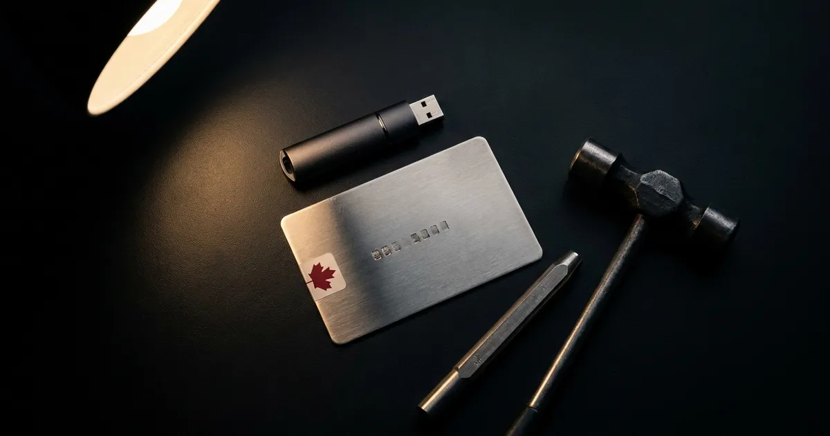 A brushed steel seed-backup plate with a small red maple leaf sticker beside a hardware wallet, a letter punch and a hammer on a dark workbench under a work lamp.