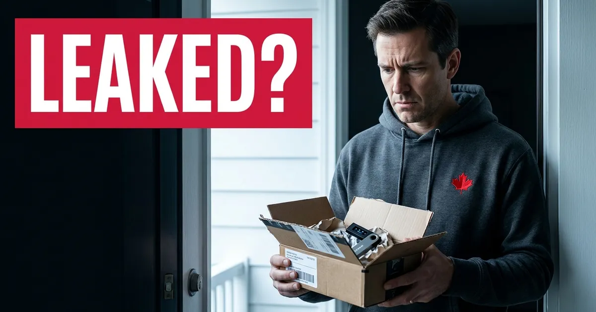 A worried man in a grey hoodie with a red maple leaf holds a torn-open delivery box containing a small hardware wallet at his front door, under the words LEAKED?