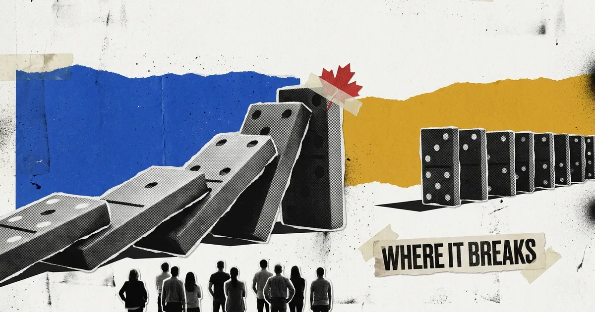 A torn paper collage of a giant domino line in black and white halftone, the first domino painted red and tipping, with a small maple leaf pasted on the last one.