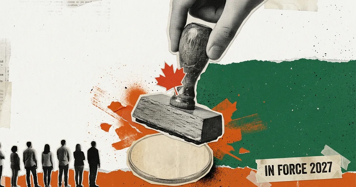 A torn paper collage of a giant rubber stamp coming down on a single large coin, with small silhouetted figures queuing beside it and a maple leaf pasted on the stamp handle.