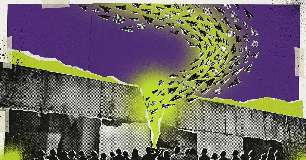 A torn paper collage seen from below: a vast concrete wall split by a single glowing crack, with hundreds of small paper aeroplanes streaming out of it and swirling up into a purple sky, watched from the base by a crowd of silhouetted figures.