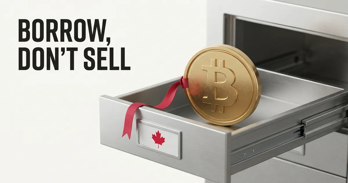 A gold coin with a red ribbon tied around it standing in the open steel drawer of a safe-deposit box with a maple leaf on its label, beside the words BORROW, DON'T SELL.