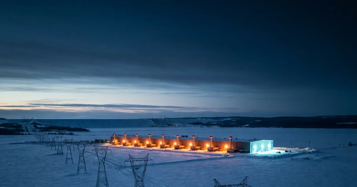 A long low data-centre building on a snowy northern plain at dusk, its rows of vents glowing orange except for one end glowing cold blue, transmission towers in the foreground and a hydro dam on the horizon.