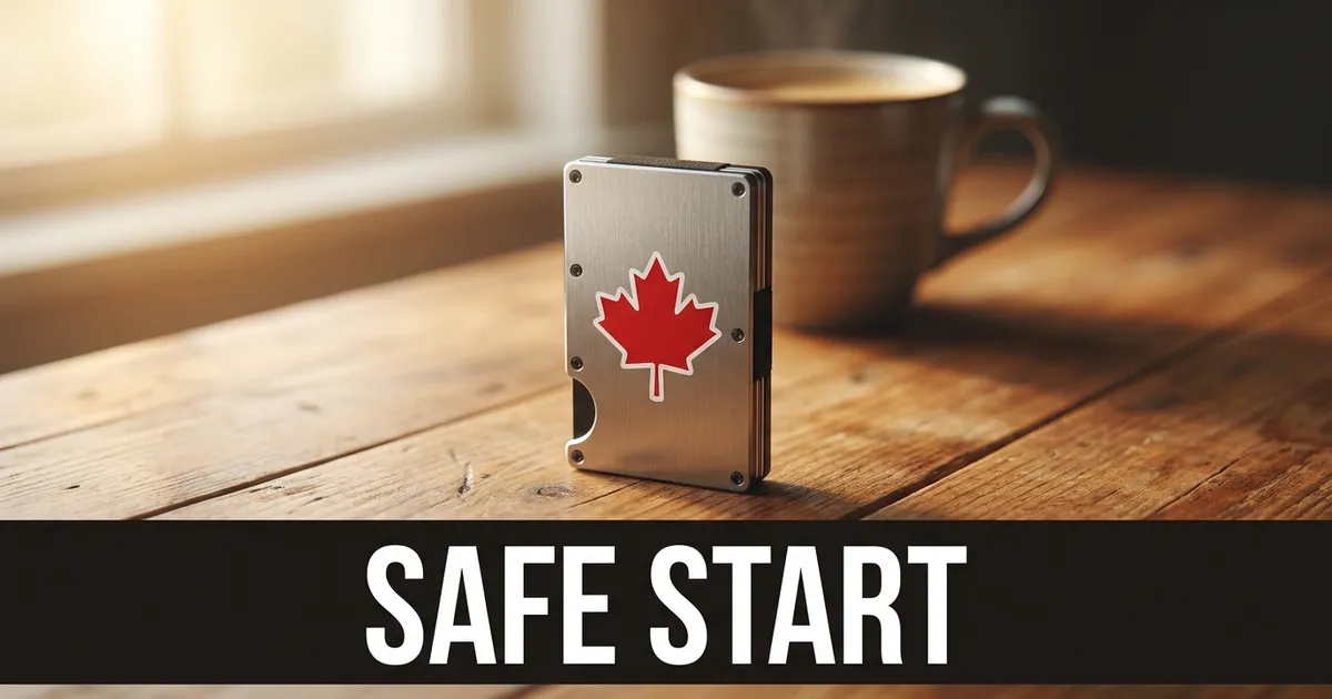 A small steel hardware wallet with a red maple leaf sticker standing on a wooden kitchen table in morning light, a coffee mug behind it, above a black band reading SAFE START.