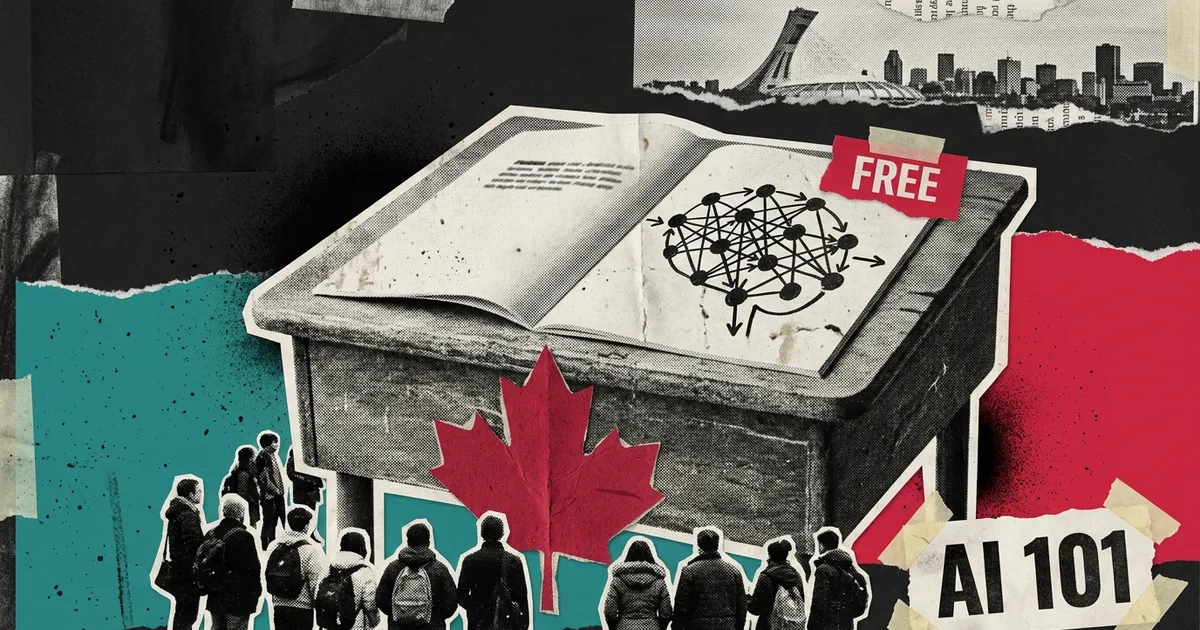 A bright classroom chalkboard with a large red maple leaf chalked in its centre and a raised hand in the foreground, with the words AI 101 in a red block in the lower right corner.