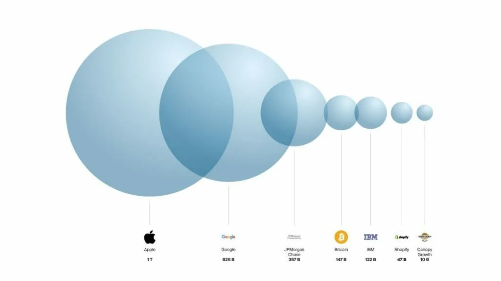 Bitcoin Market Cap Apple Market Cap Google Market Cap IBM Market Cap JP Morgan Market Cap Canopy Growth Market Cap Shopify Market Cap